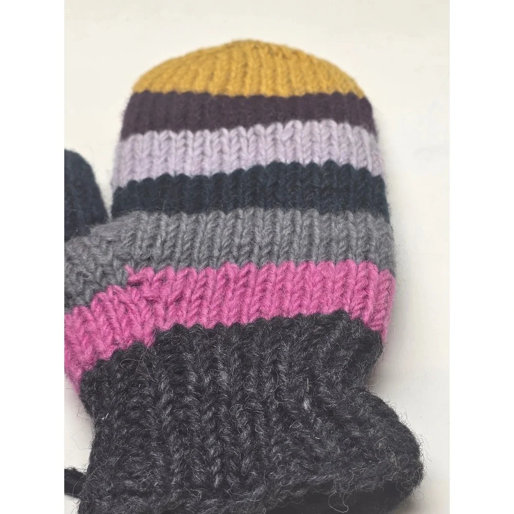 Handmade‎ Nepal 100% Wool Striped Mittens Fleece Lined Multi-Color Chunky Knit
